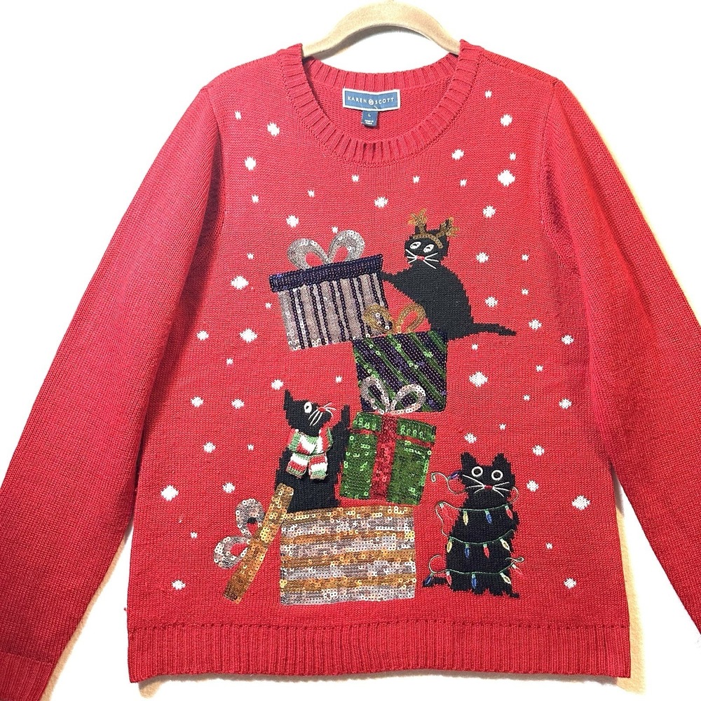 Karen Scott Kitty Christmas Tree Red Sweater L‎ Large Playtime Cats Embellished